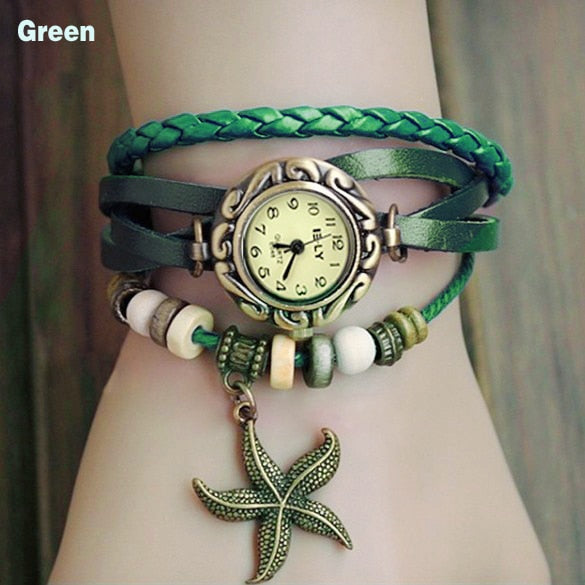 Lady Starfish Retro Bracelet Watch - Genuine Leather Wrap