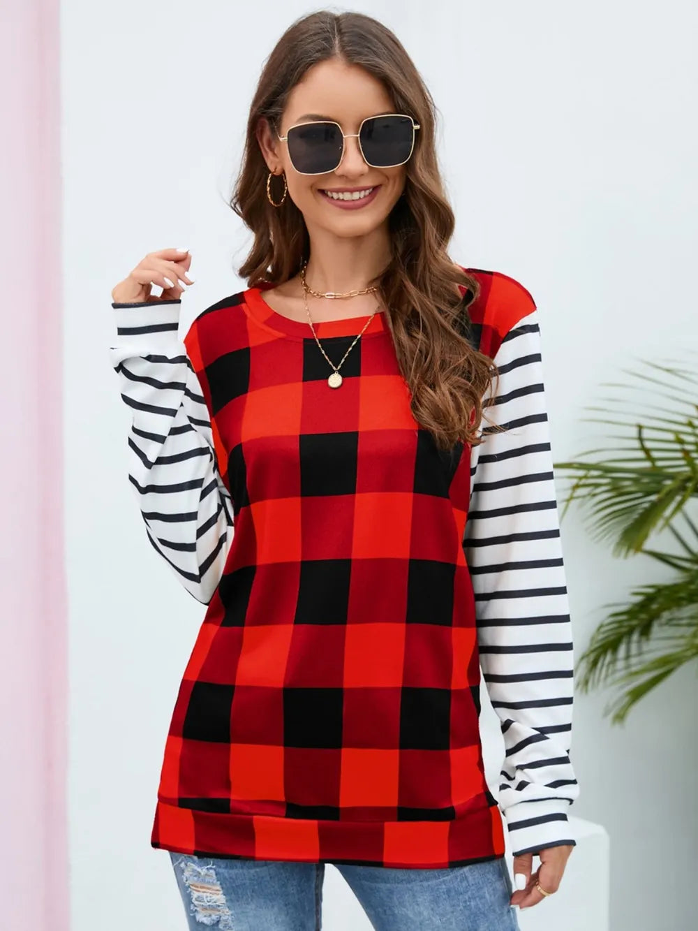 Harajuku Style Plaid Striped Round Neck Long Sleeve T-Shirt