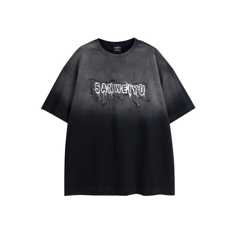 Harajuku Style Washed Gradient Letter Embroidered T-Shirt