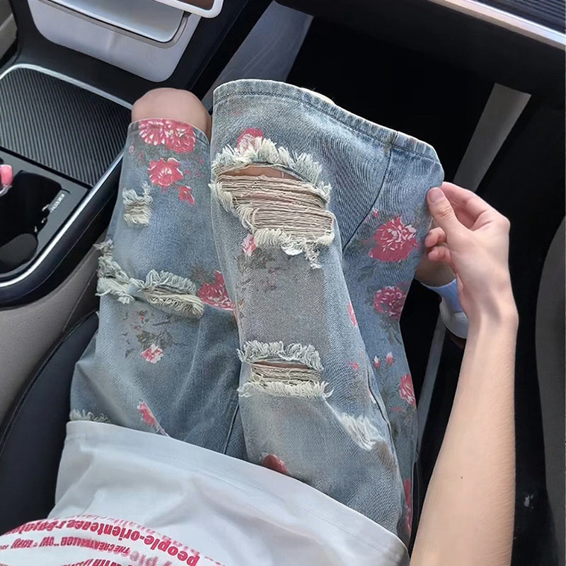 Men's Floral Print Ripped Denim Shorts
