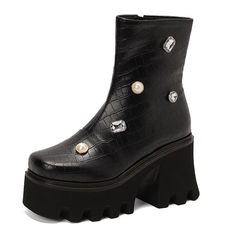 Rhinestone Thick Bottom Boots - British Style
