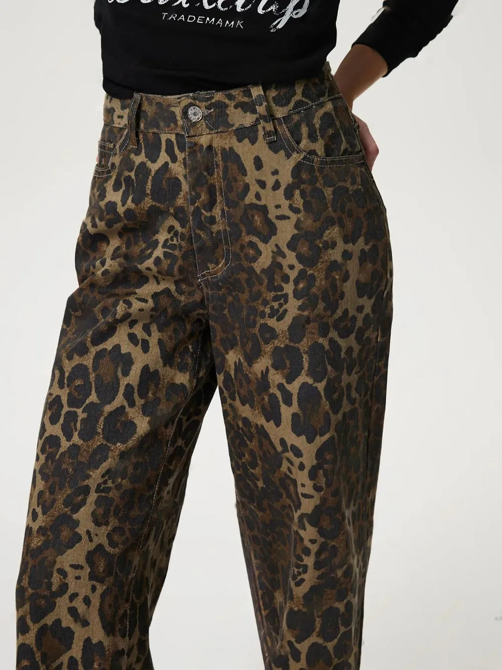 Retro Leopard Print Straight Leg Denim Pants