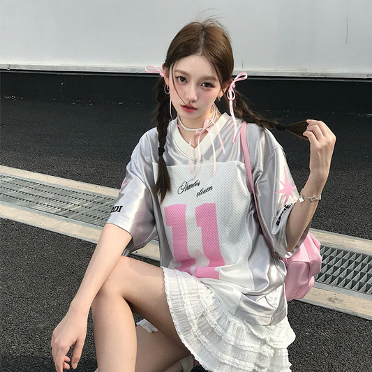 Harajuku Style Satin V-Neck Jersey T-Shirt for Women