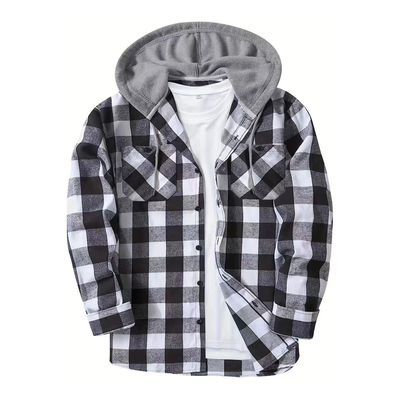 Harajuku Style Plaid Grid Hooded Shirt for Men
