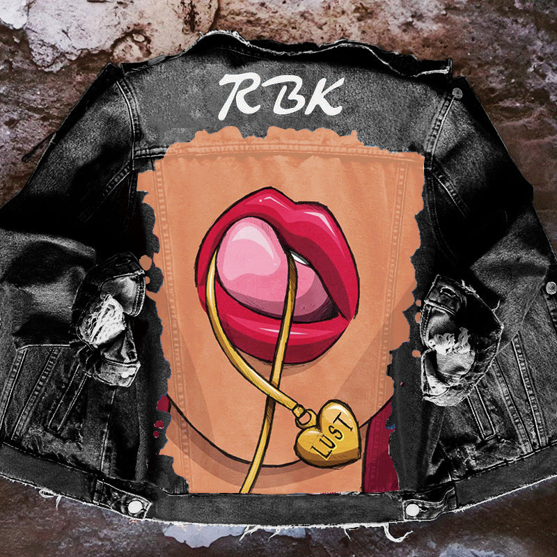 Playful Tongue-Out Print Denim Jacket