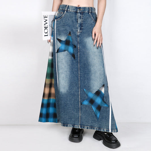 Retro Plaid High Waisted Denim Skirt - Harajuku Style