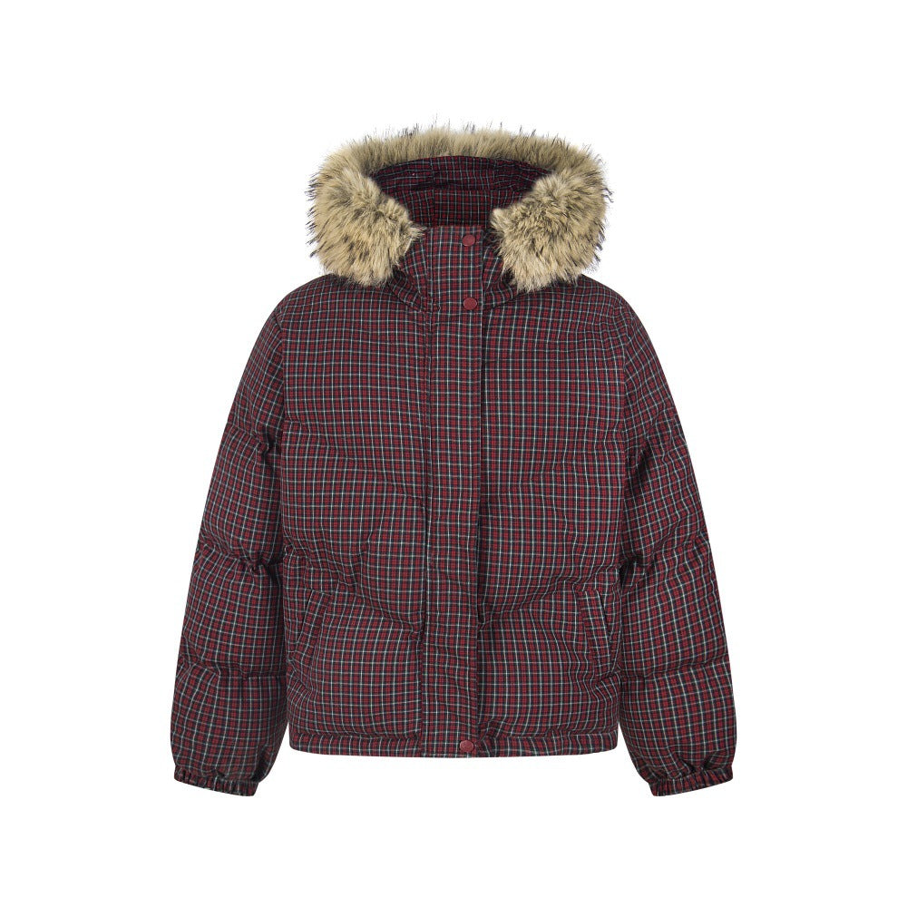 Thickened Checkered Cotton Jacket with Detachable Collar