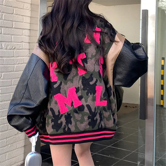 Harajuku Style Women Bomber Jacket - Embroidered Camouflage