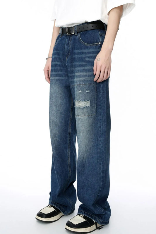 Men's Distressed Applique Straight Jeans - Harajuku Style