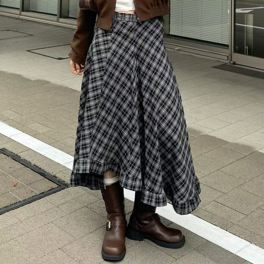 British College Style Irregular Plaid Skirt Hem Low Waist Vintage A-line Midi Skirt for Campus Girls with Slimming Fit