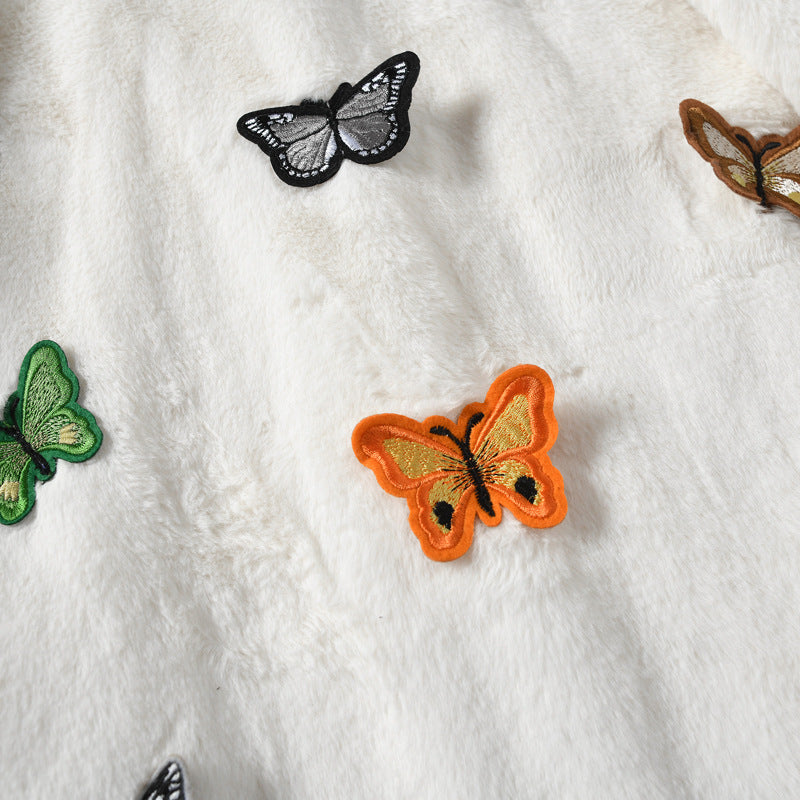 Personalized Butterfly Embroidered Furry Coat for Autumn/Winter