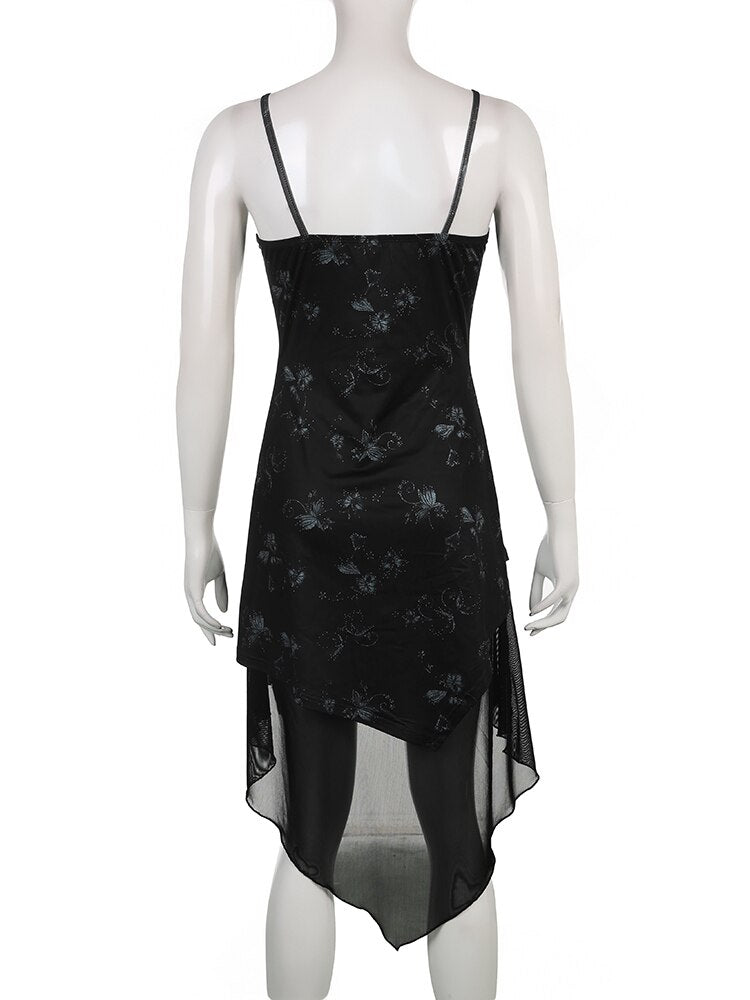 Gothic Floral Mesh Mini Dress - Harajuku Style