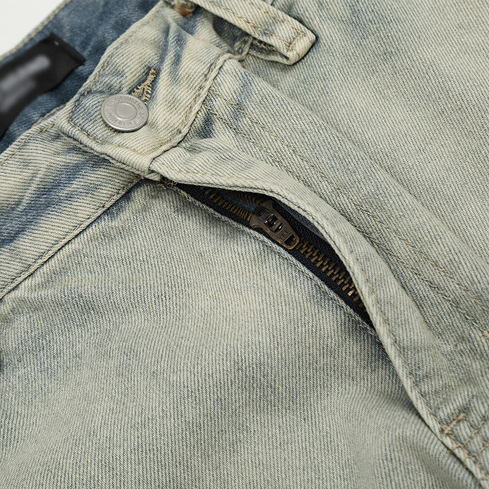 Retro Punk Washed Faded Denim Trousers for Men