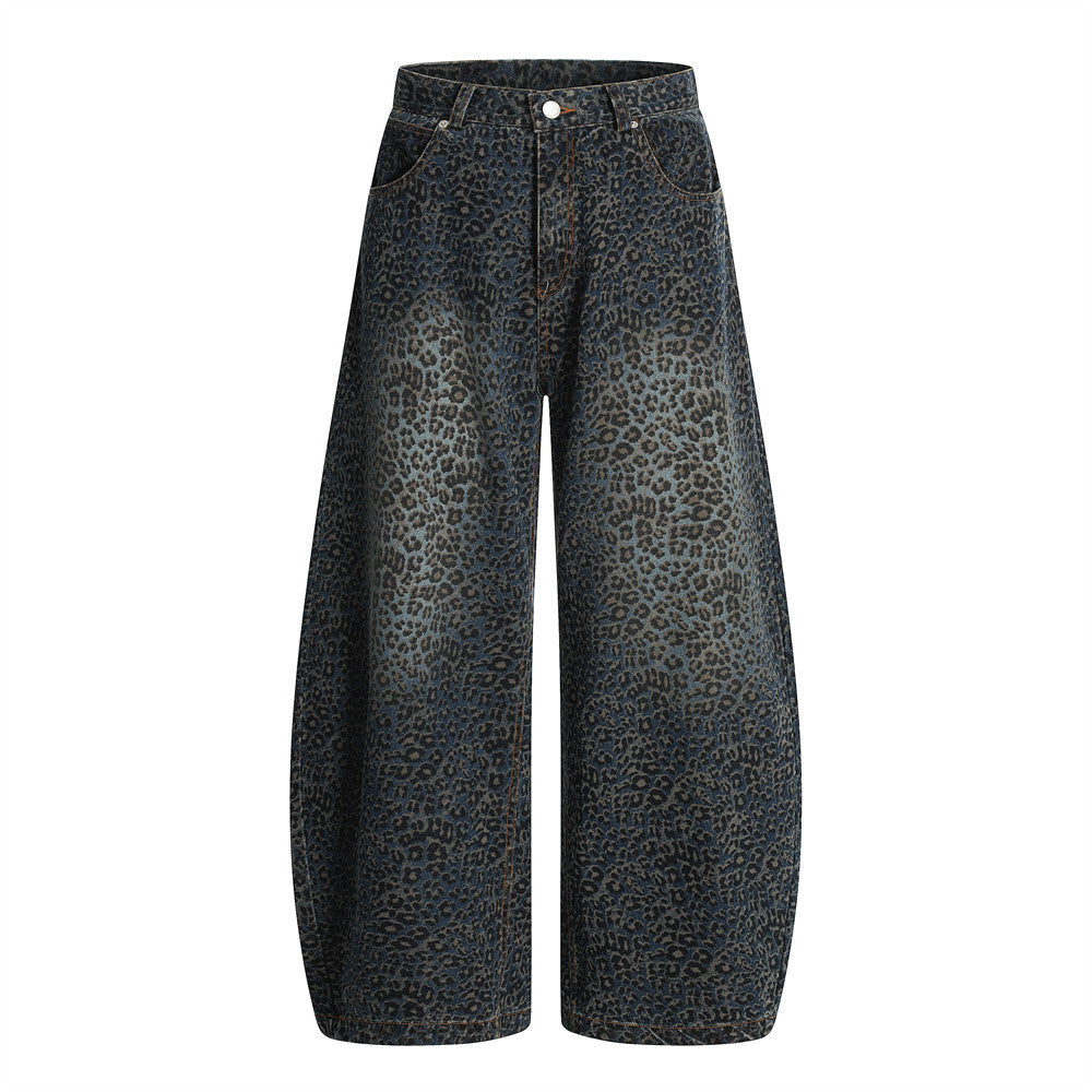 Retro Leopard Print Wide Leg Jeans for Men