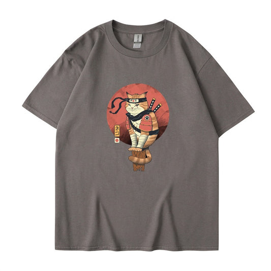 Ninja Cat Print T-Shirt - Short Sleeved Round Neck