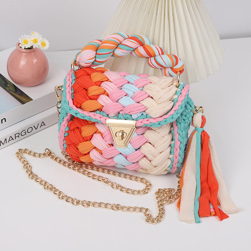 Harajuku Chic Hand-Woven Crossbody Bag with Chain