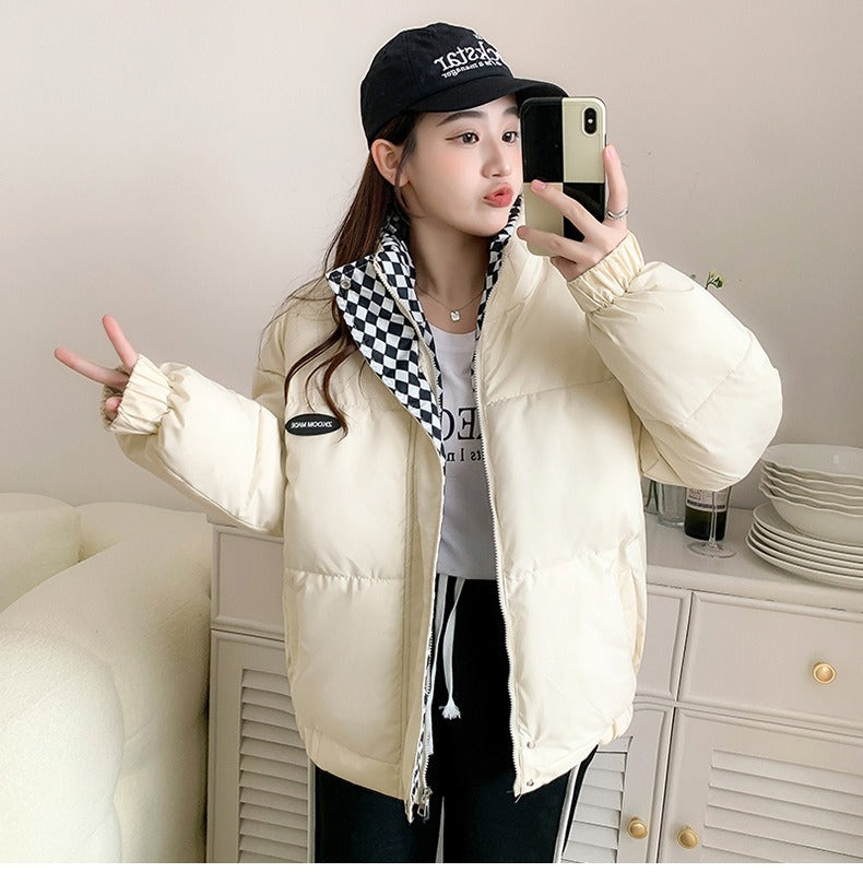 Harajuku Style Checkerboard Down Cotton Jacket for Women