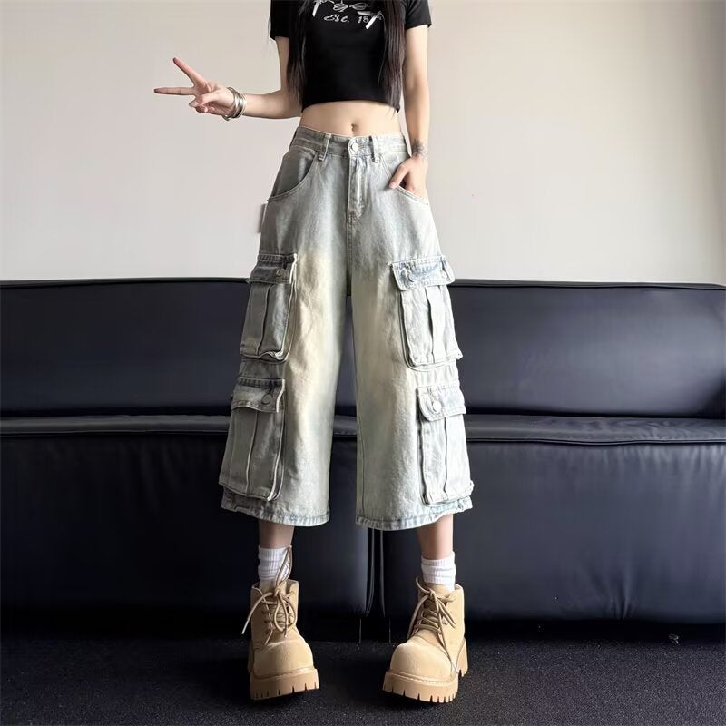 Retro Light Blue Multi Pocket Pants for Women