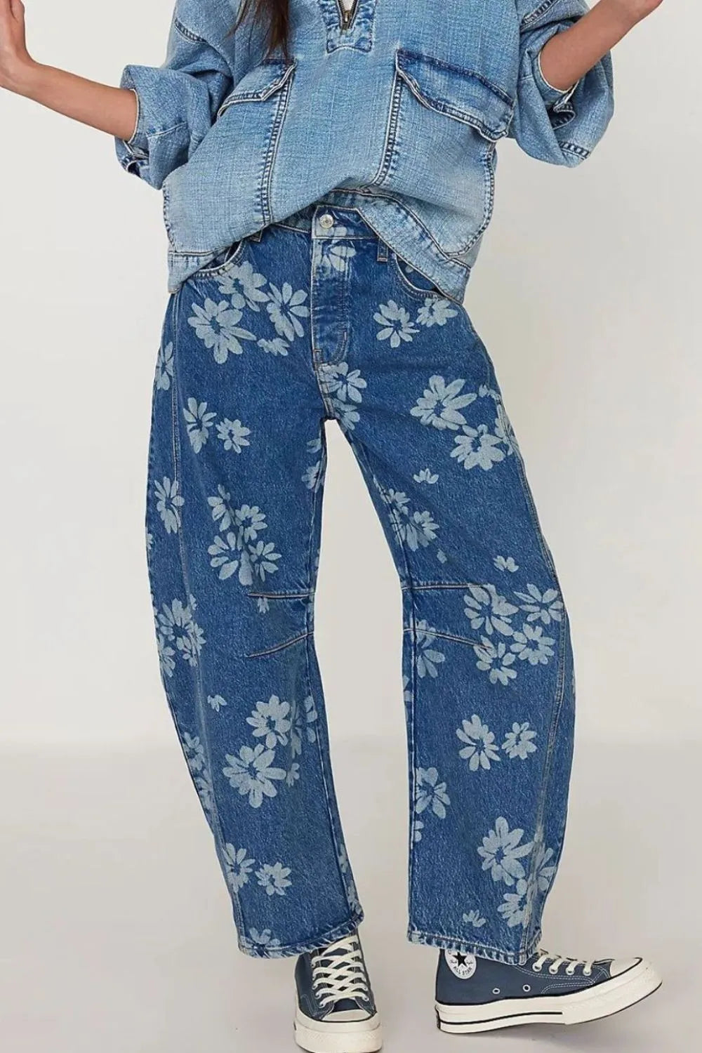 Flower Print Wide Leg Jeans for Harajuku Style