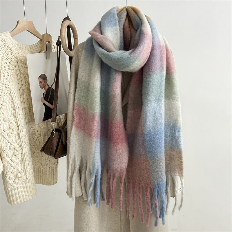 Harajuku-Inspired Mohair Plaid Scarf with Tassels
