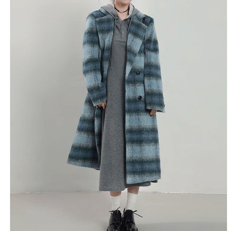 Korean Style Blue Plaid Woolen Overcoat for Women