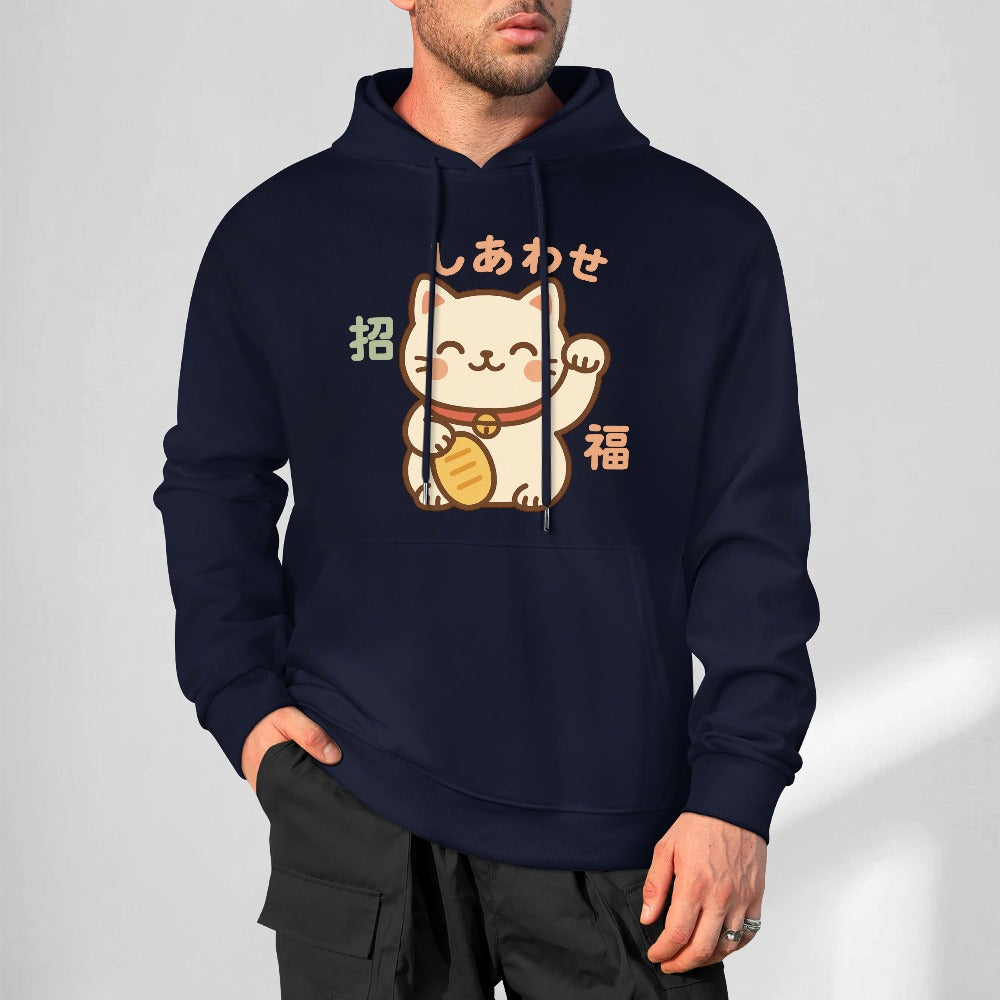 Lucky Cat Pure Cotton Hoodie - Navy Blue