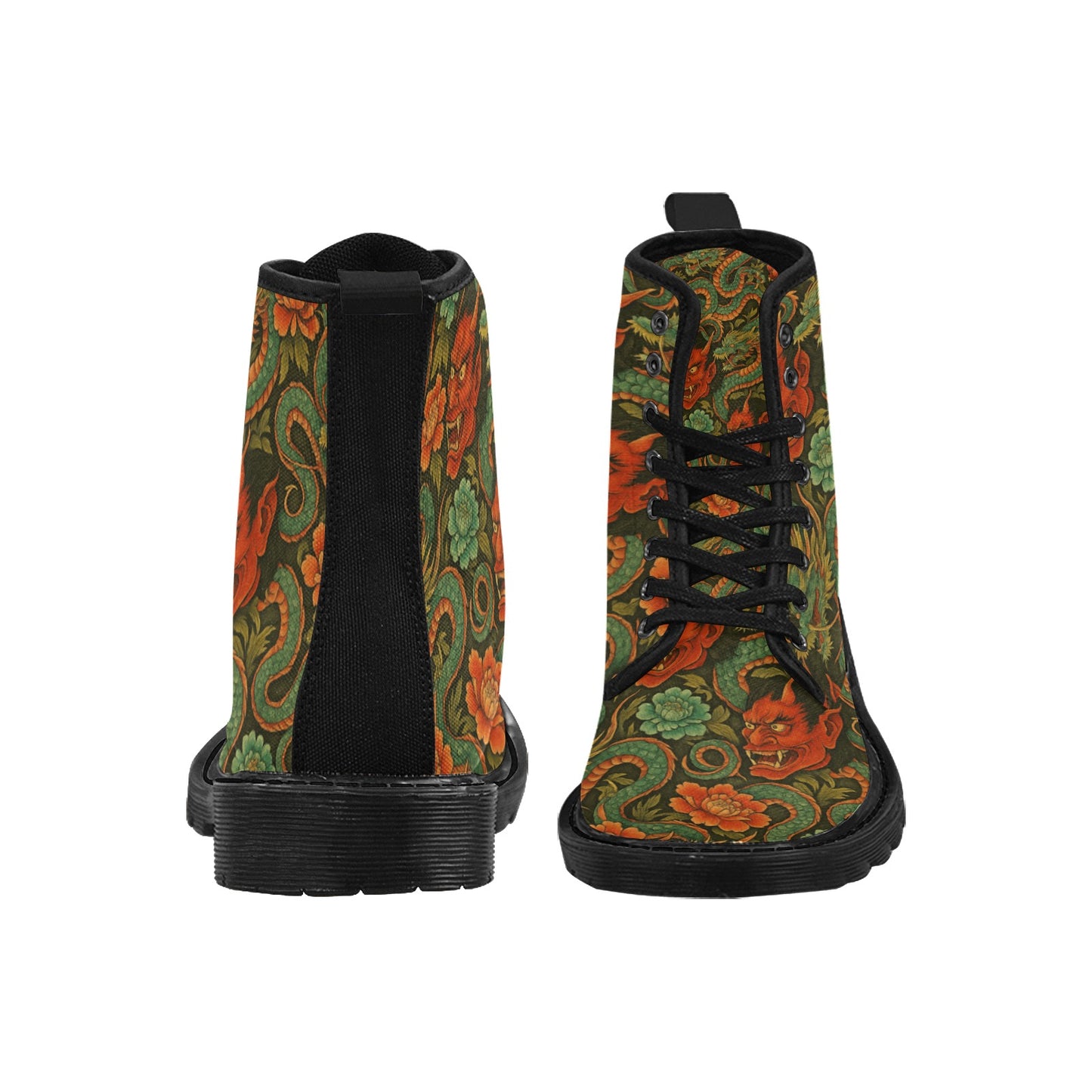 Red Dragon Devil Pattern Women's Lace Up Canvas Boots