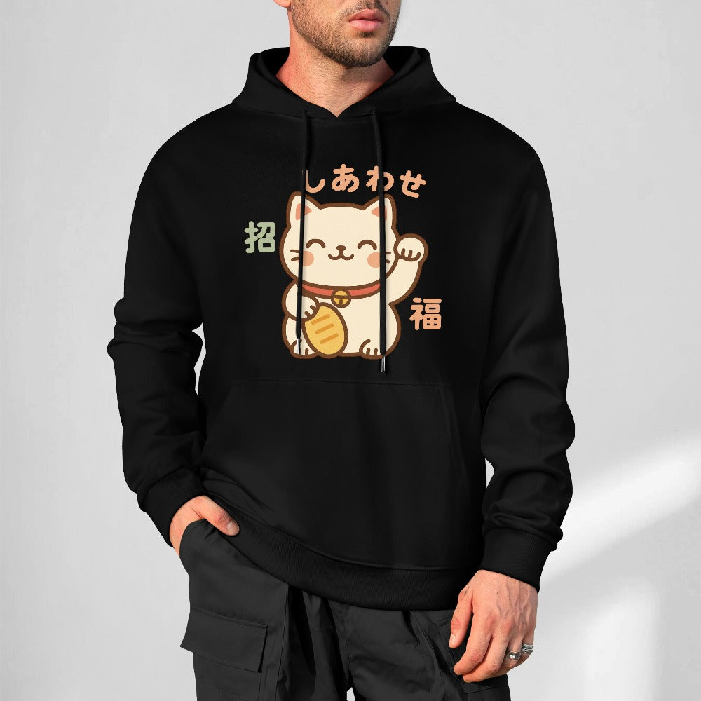 Lucky Cat Pure Cotton Hoodie Sweater - Black