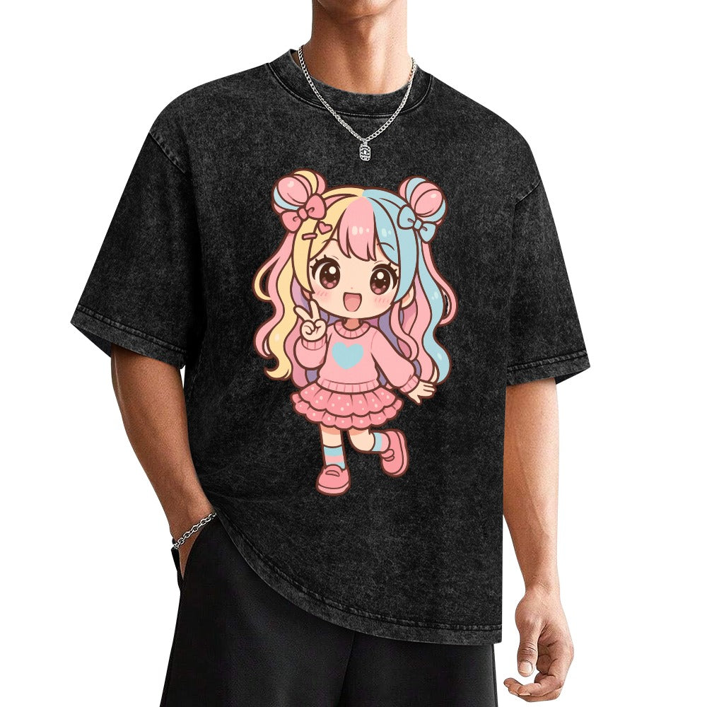 Kawaii Harajuku Girl Vintage Wash Off Shoulder Tee