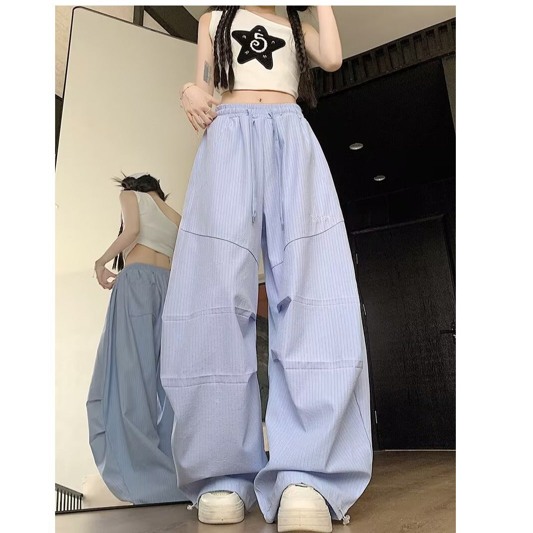 Blue Striped Hanging Wide Leg Casual Pants for Women