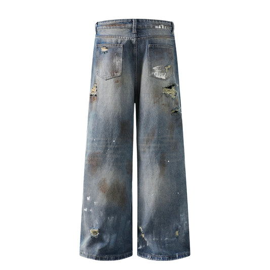 Harajuku-Inspired Mud Stained Denim Jeans