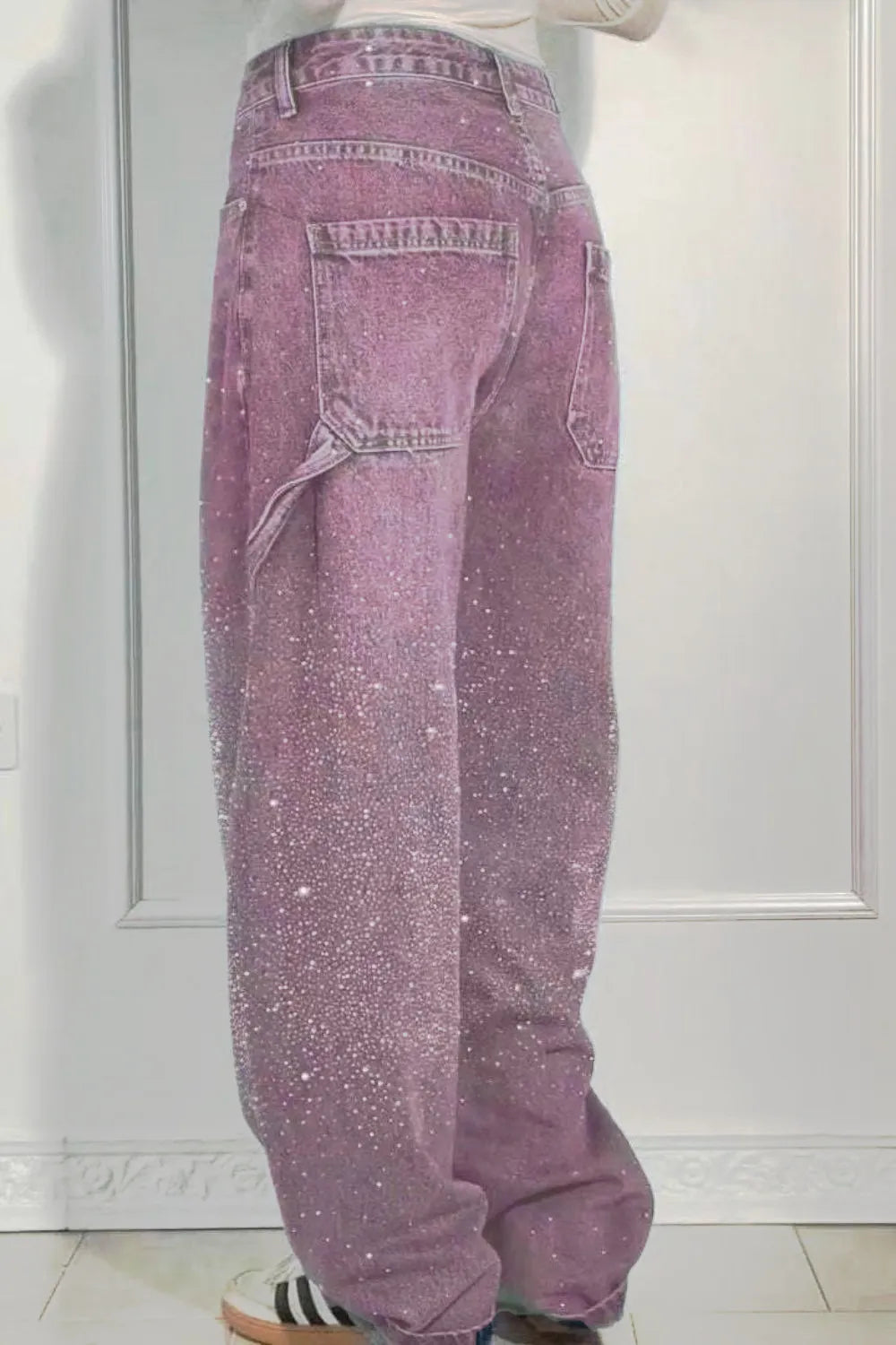Plus Size Washed Rhinestone Detail Wide Leg Jeans