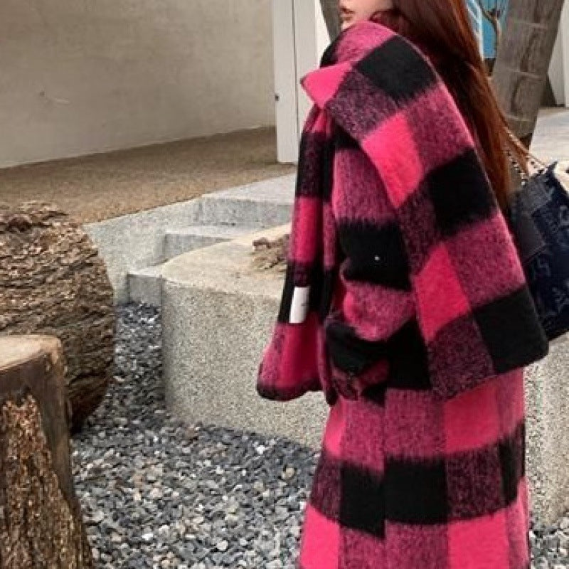 Loose Fit Plaid Woolen Coat for Women - Harajuku Style