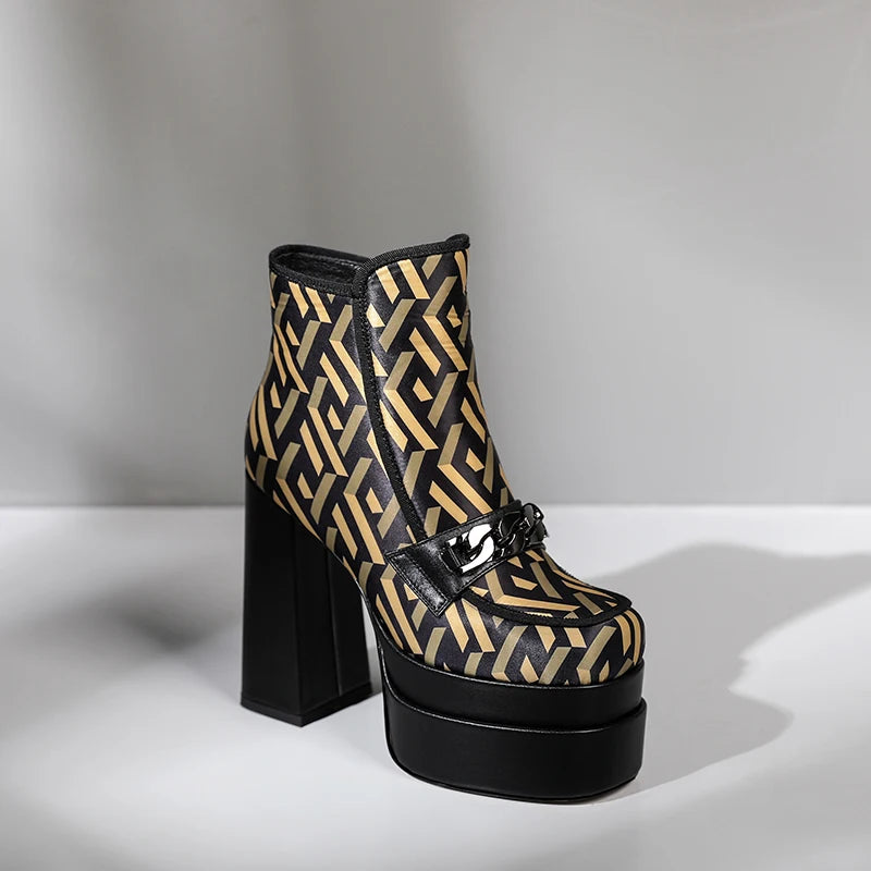 Chunky High Heels Ankle Boots with Metal Decor