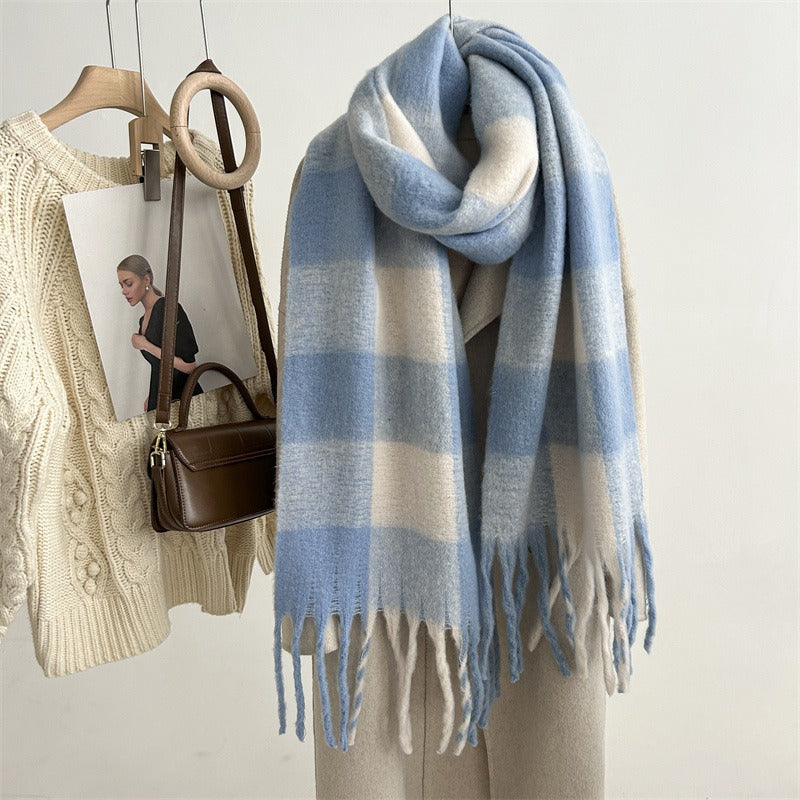 Harajuku-Inspired Mohair Plaid Scarf with Tassels
