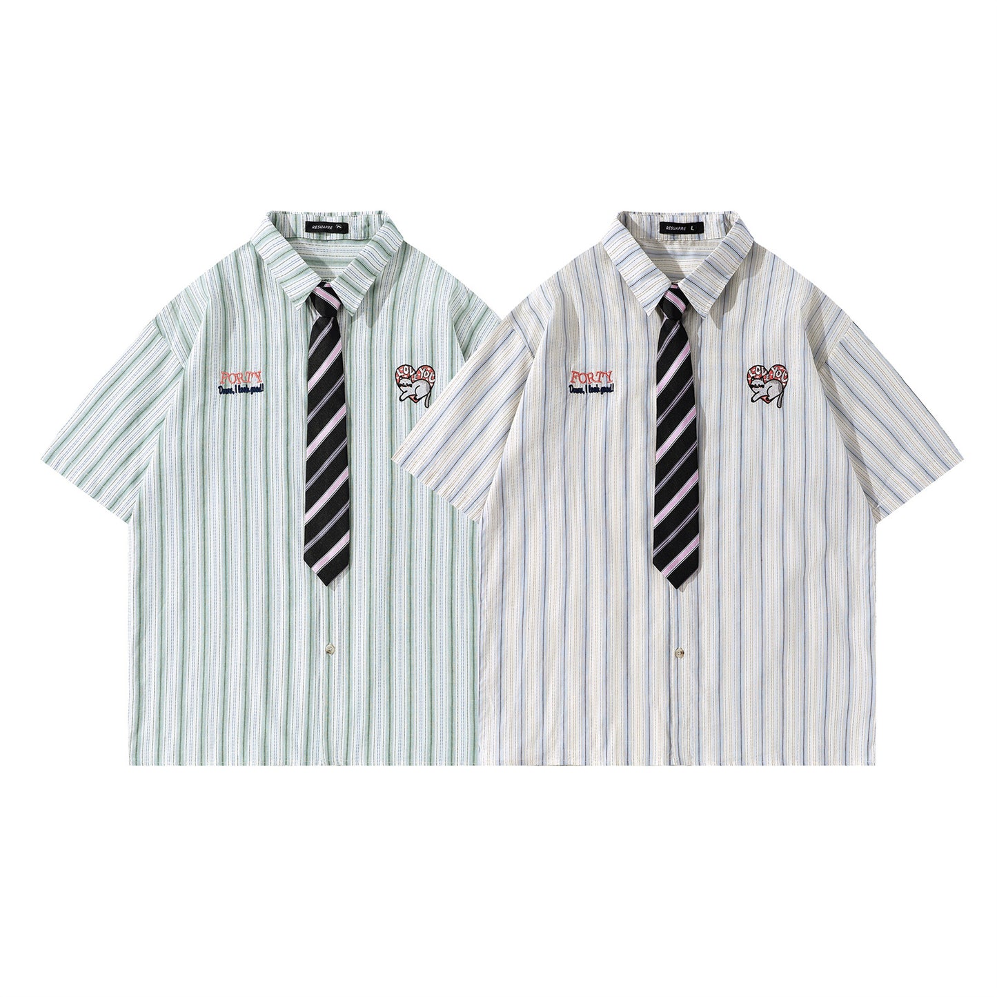 Retro Heart Cat Embroidery Casual Shirt
