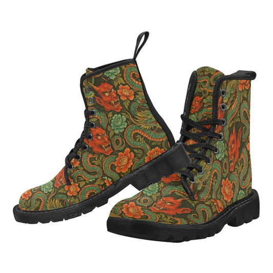 Red Dragon Devil Pattern Women's Lace Up Canvas Boots
