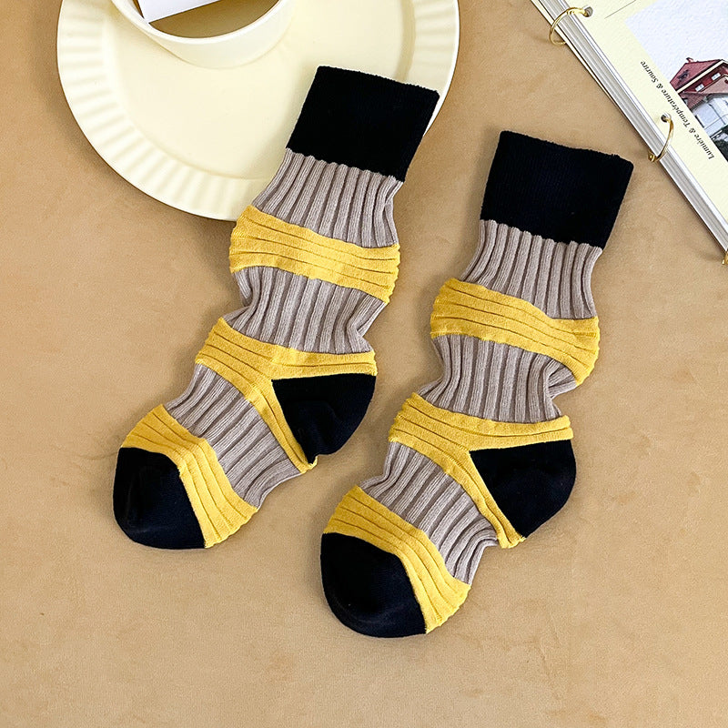 Harajuku Style Pleated Mid-Tube Socks - Contrast Color Cotton