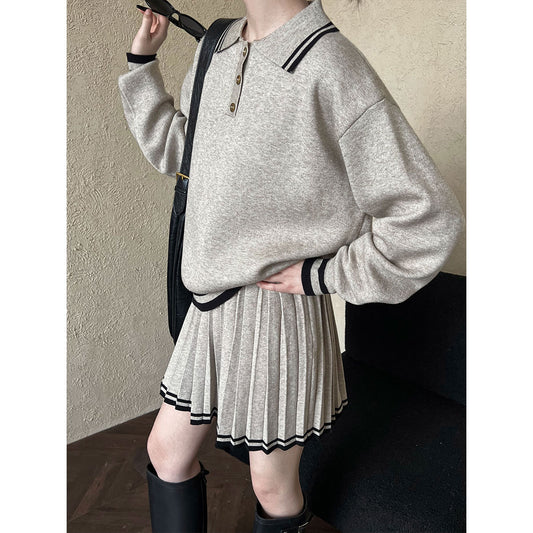 Playful Polo Collar Hoodie & Pleated Skirt Set