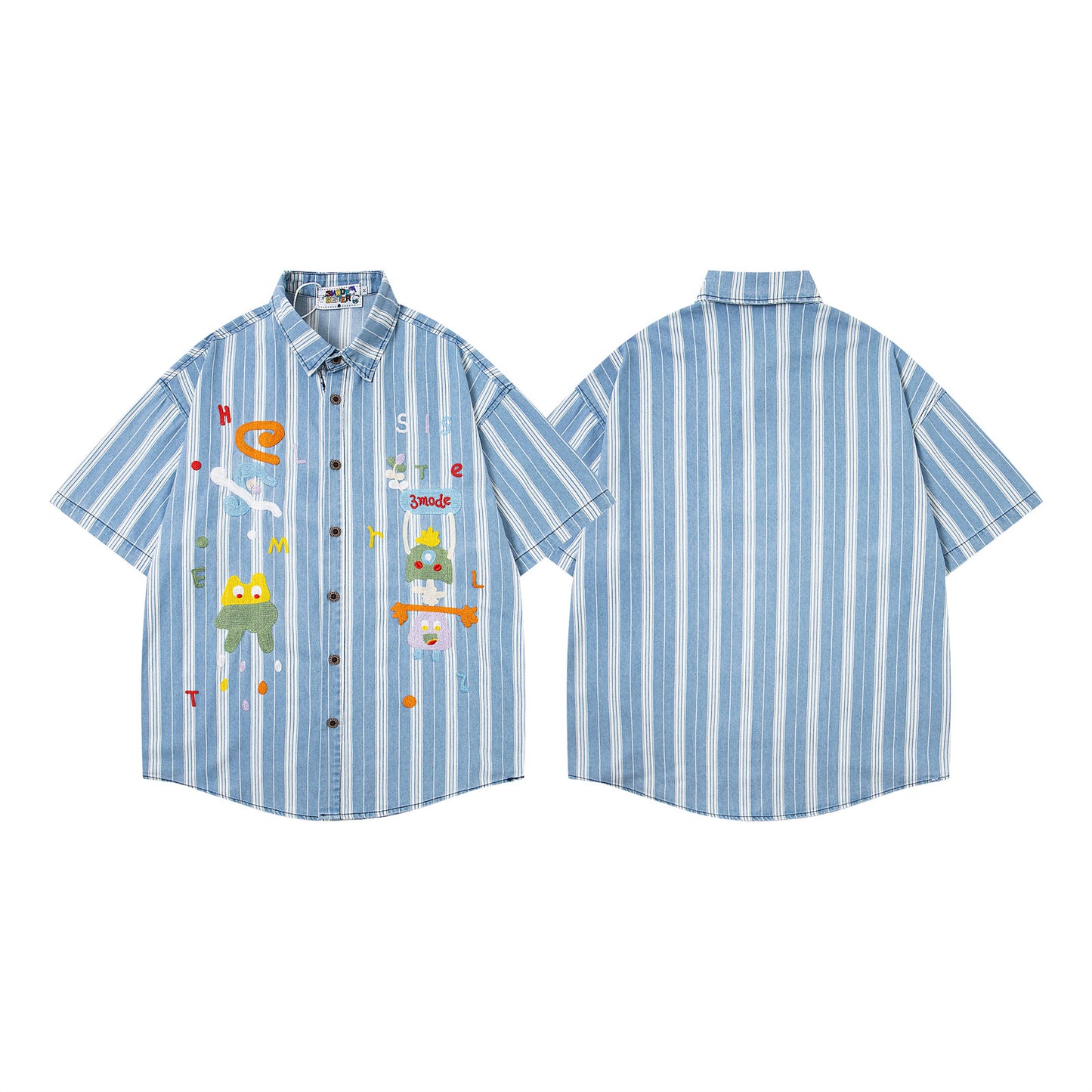 Retro Cartoon Embroidery Striped Denim Shirt
