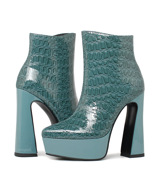 Brand Women's Sexy High Heels Thick Platform Boots in Black and Blue Genuine Patent Leather for Dress, Party, and Work