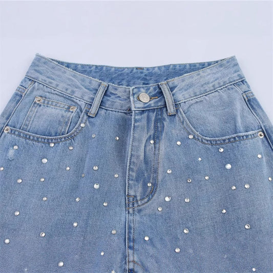 Harajuku Style Rhinestone Decorated Vintage Denim Pants