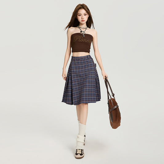 Women's College Style Plaid A-Line Summer Pleated Skirt in Blue Plaid