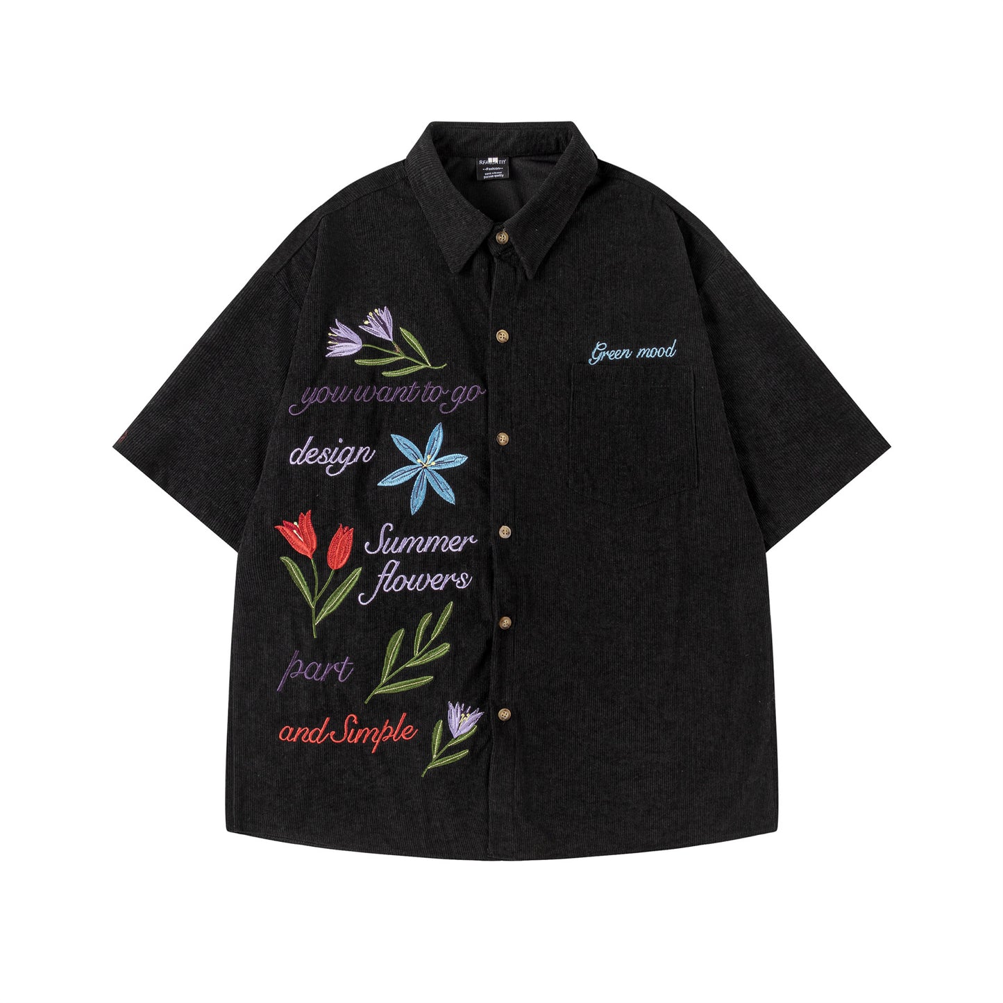 Retro Floral Embroidery Corduroy Short Sleeve Shirt