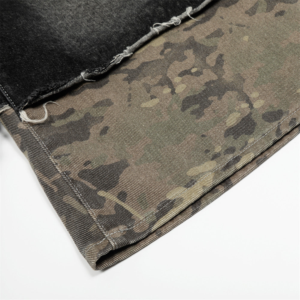 Harajuku Style Distressed Camouflage Wide-Leg Denim Shorts