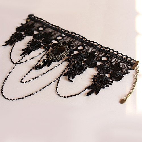 Vintage Gothic Black Rhinestone Lace Layered Choker Necklace