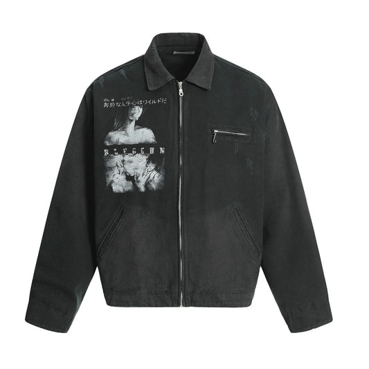 Men's Dark Character Print Canvas Jacket - Retro Punk Style