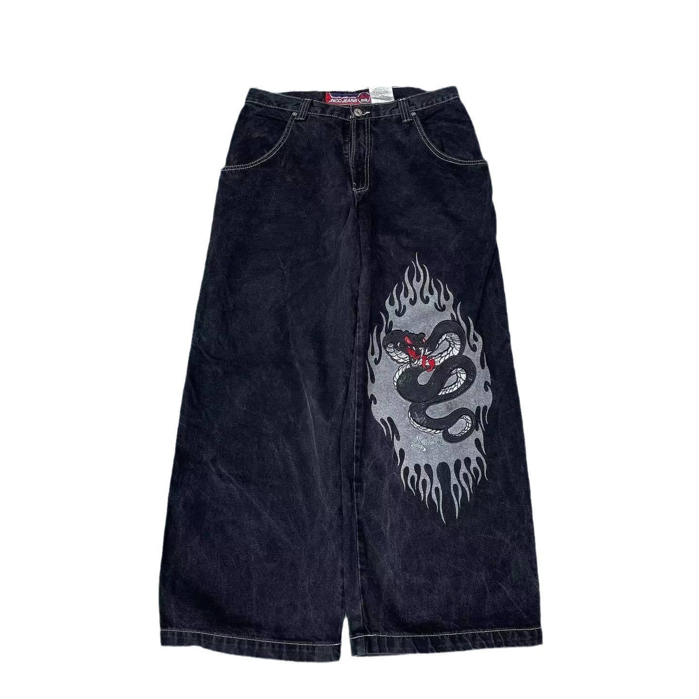 Harajuku Style Printed Jeans - Men's Straight Loose Wide Leg Pants