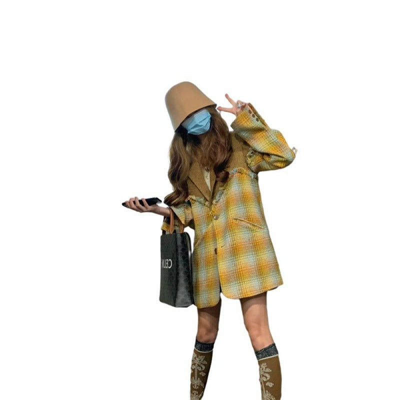 Harajuku Style Plaid Straight Blazer for Women