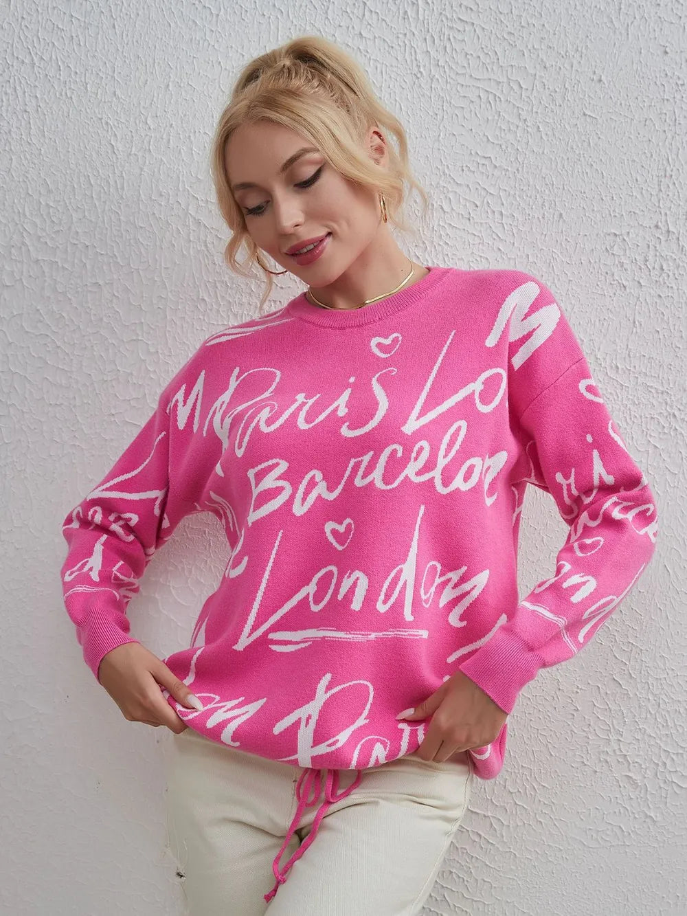 Drawstring Hem Letter Pattern Sweater